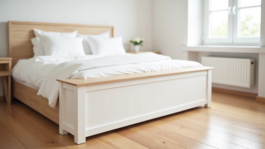 White storage bench at foot of bed