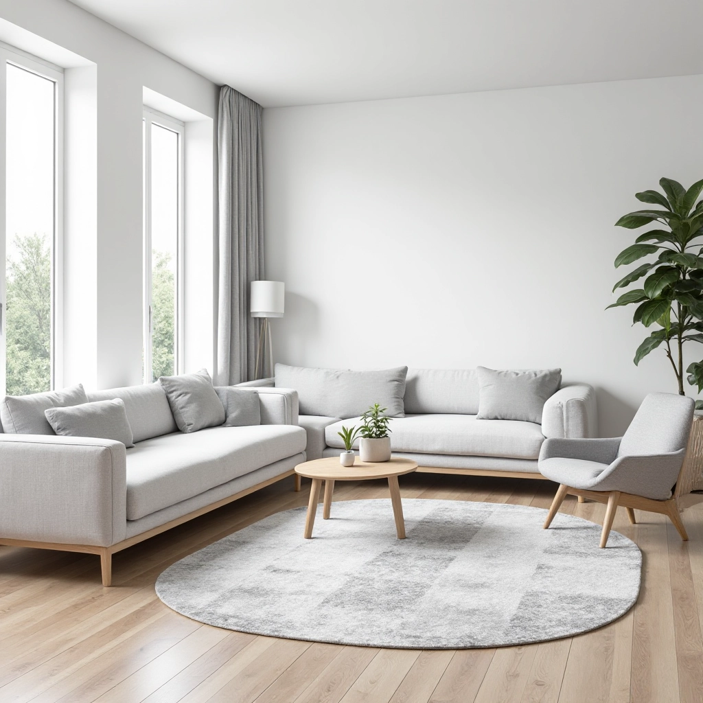 Living room with grey geometric area rug anchoring a seating area, modern furniture arrangement, natural light from windows