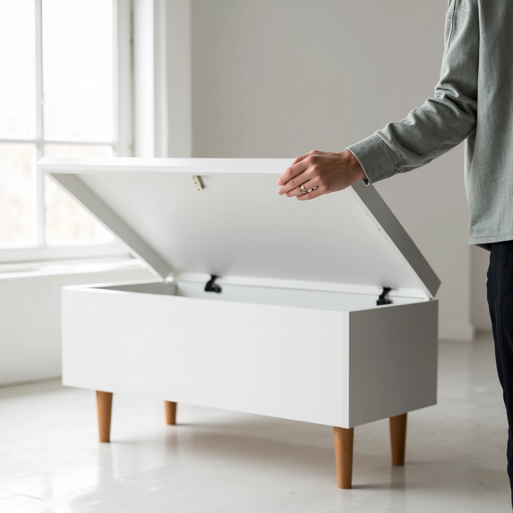 Person gently opening white storage bench lid with proper hand position, demonstrating correct usage technique, minimalist interior background