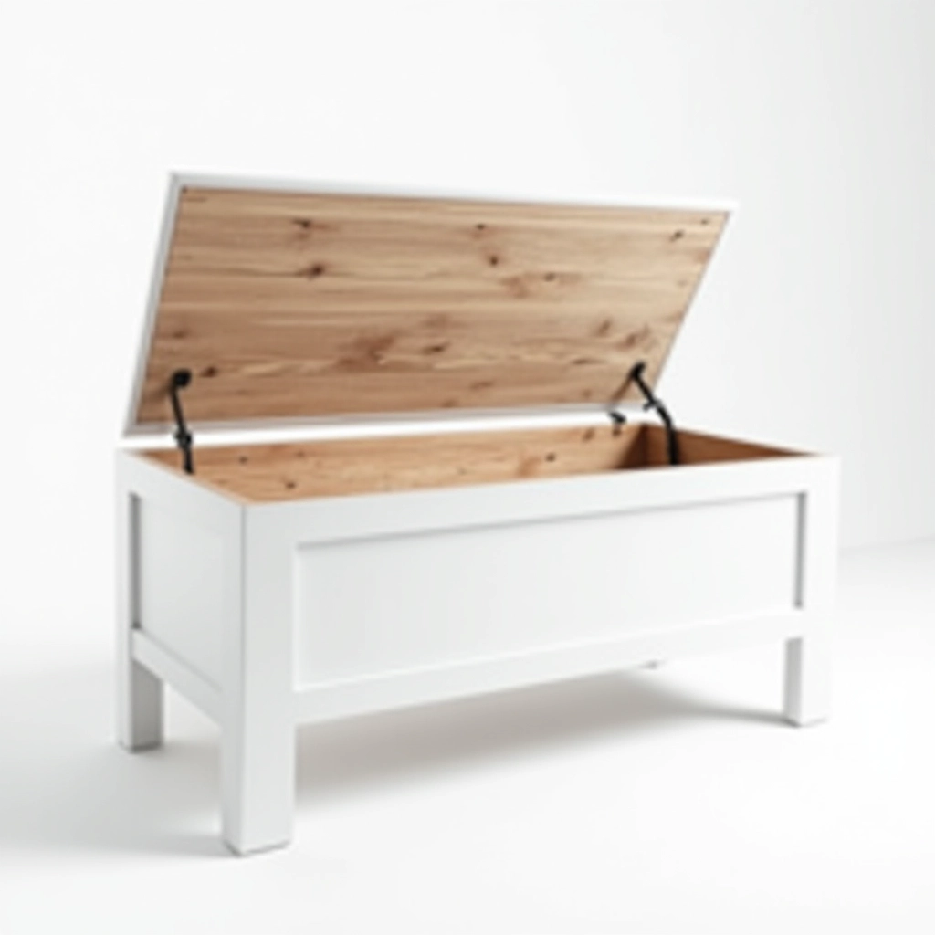 Compact storage bench in clean white finish with hidden storage compartment